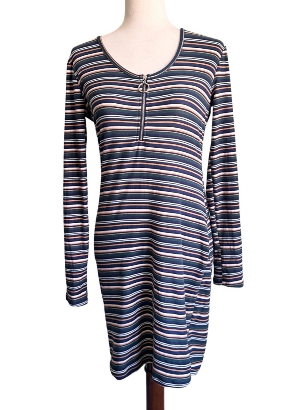 Y2K Justify Striped Long Sleeve Scoop Bodycon Dress Ring Zip Large EUC